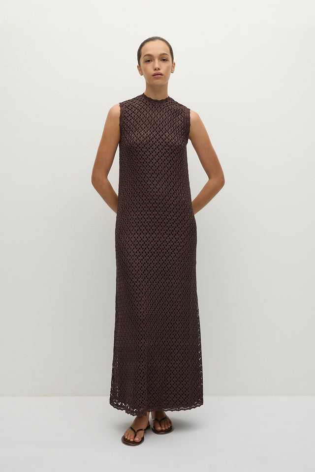 Cyrene Midi Dress Floral Lace Brown - Final Sale