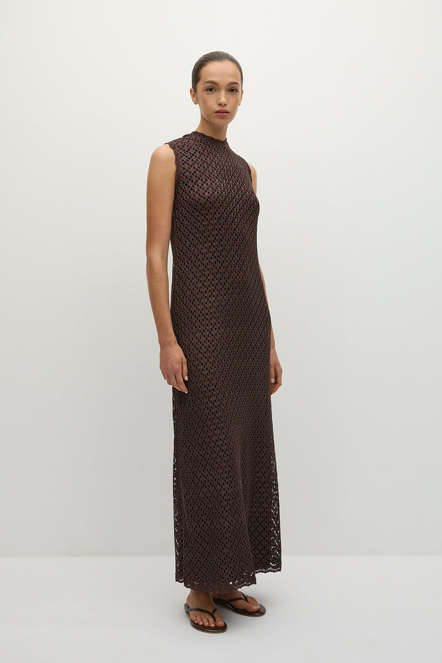 Cyrene Midi Dress Floral Lace Brown - Final Sale