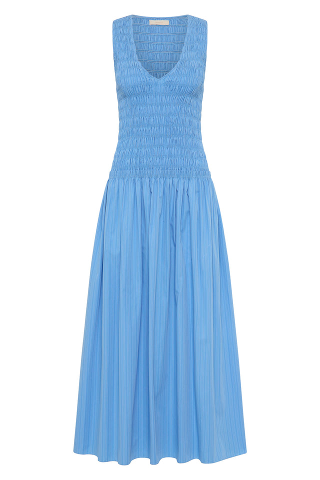 Palomar Midi Dress Mico Pinstripe Azul
