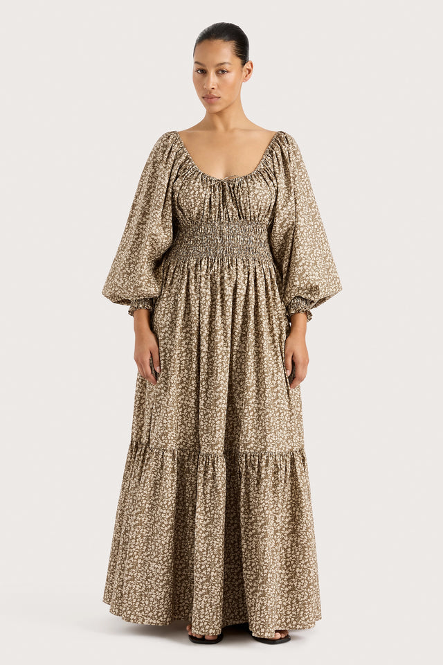 Fleur Maxi Dress Micro Leaves Walnut