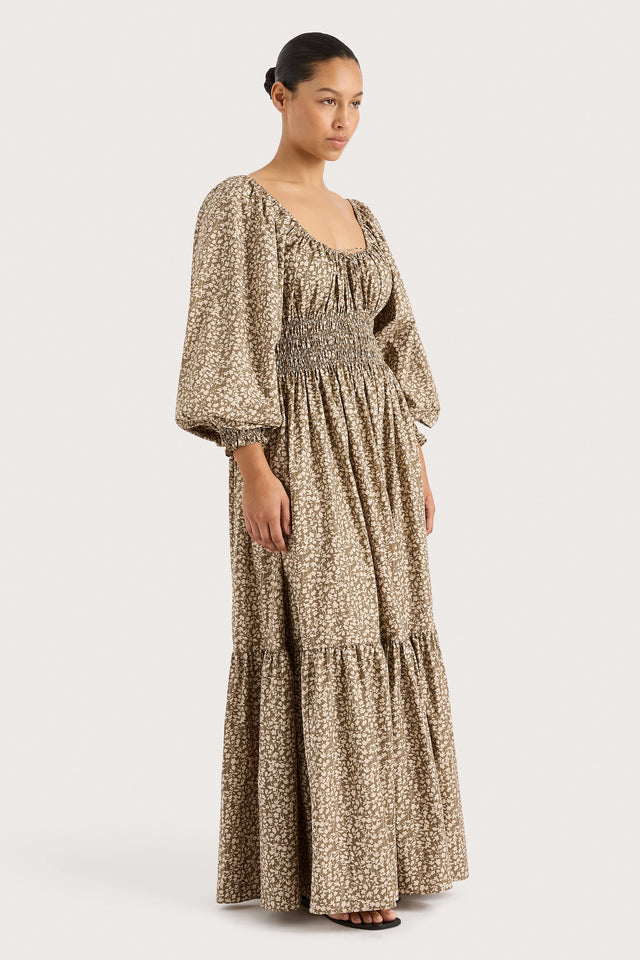 Fleur Maxi Dress Micro Leaves Walnut