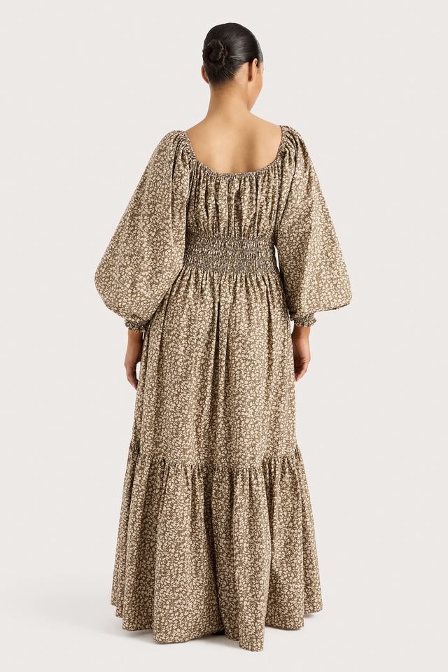 Fleur Maxi Dress Micro Leaves Walnut