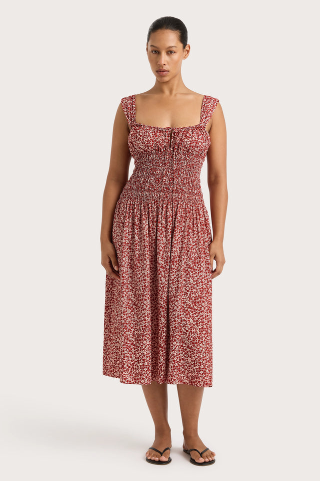 Yerres Midi Dress Peony Stamp Garnet