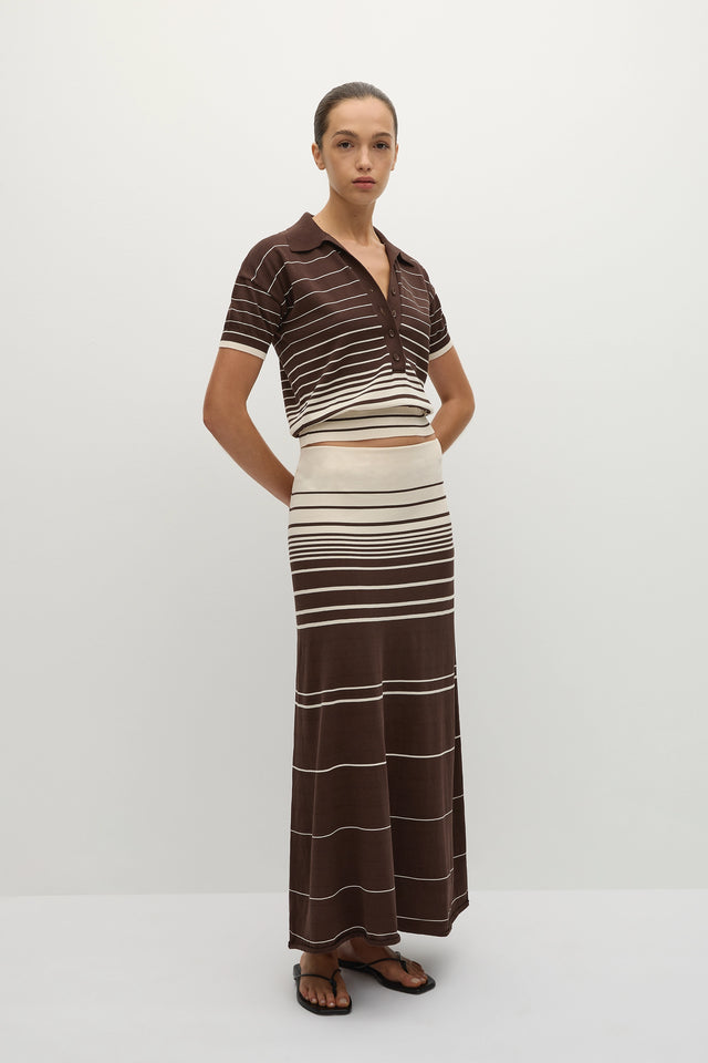 Sable Polo Shirt Accordion Stripe Brown Beige
