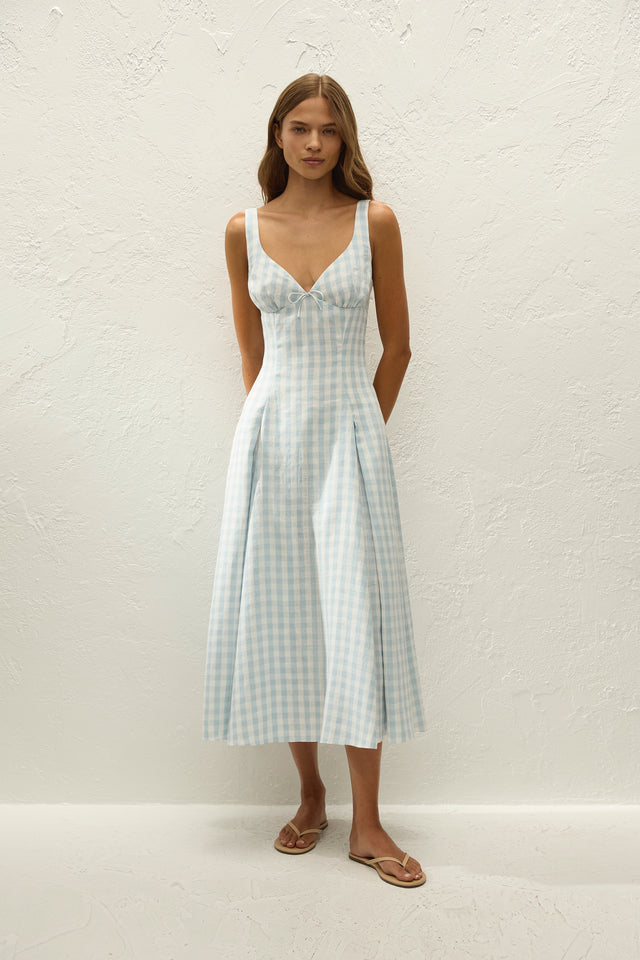 Adalee Midi Dress Gingham Sky Blue