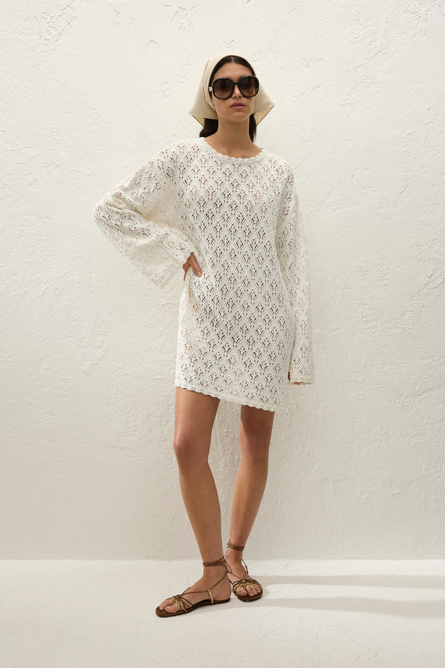 Romina Mini Dress Pointelle Knit Vintage White