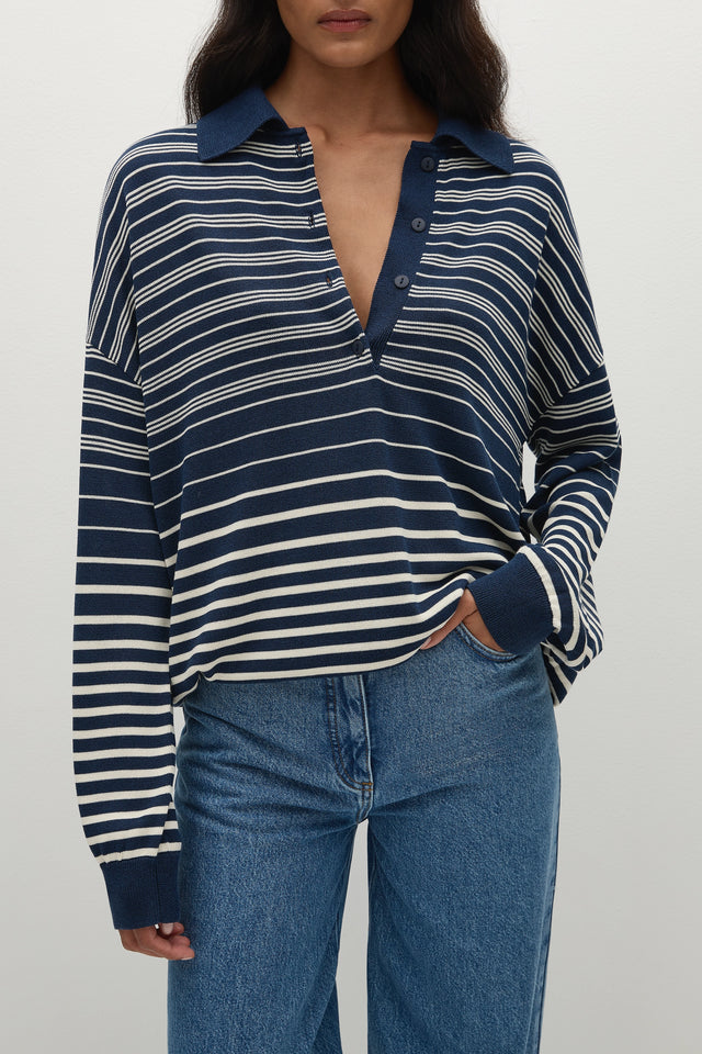 Harlow Polo Scandi Stripe Navy Cream