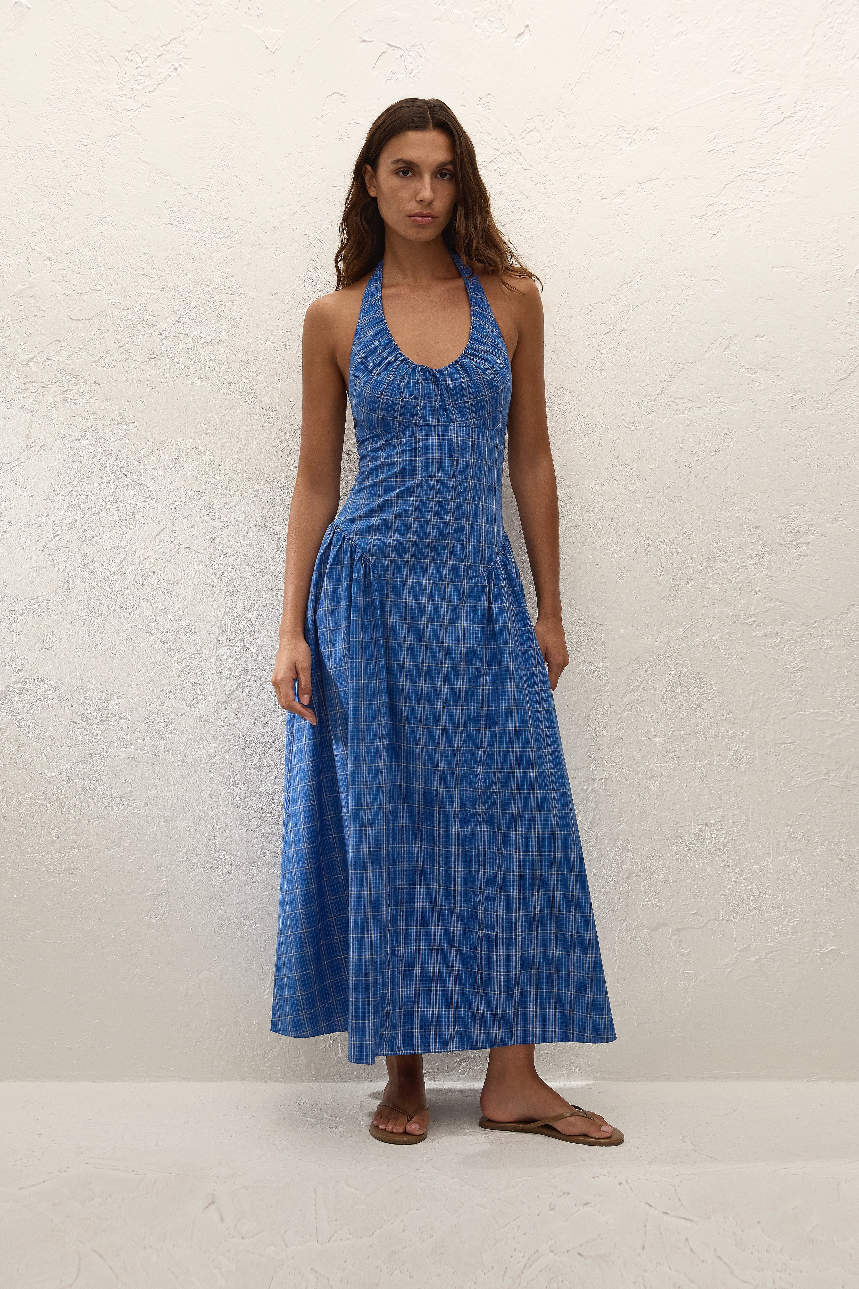 Del Ros Midi Dress Flor Check Cobalt - Faithfull the Brand AU