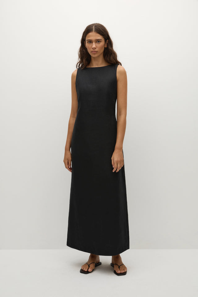 black midi dress au Black Ruched Midi Dress - Mid Sleeve Double Crepe