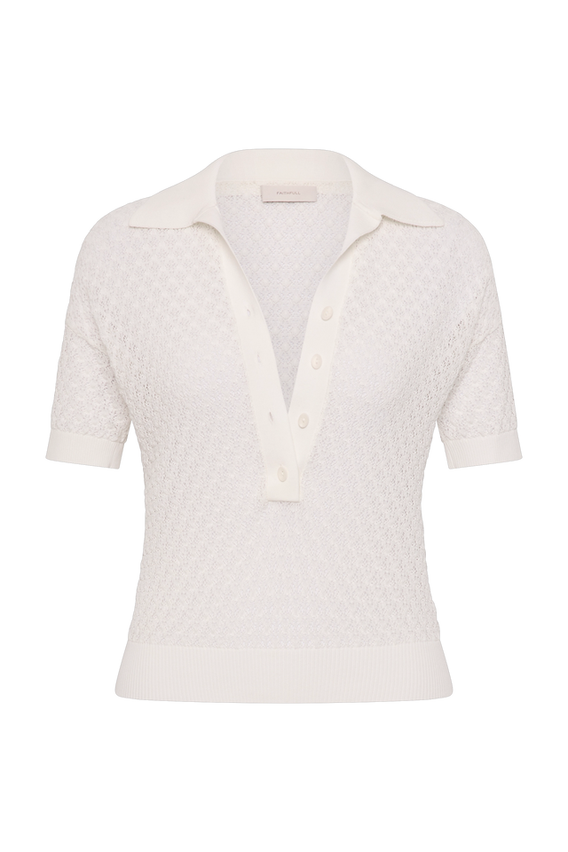 Lenna Polo Top Pointelle Lace Vintage White