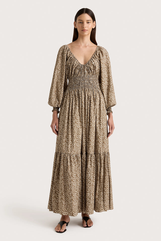 Fleur Maxi Dress Micro Leaves Walnut