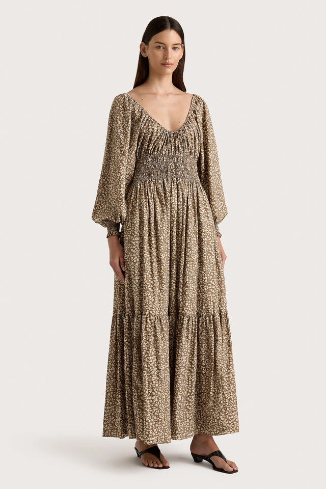 Fleur Maxi Dress Micro Leaves Walnut