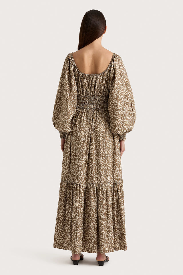 Fleur Maxi Dress Micro Leaves Walnut