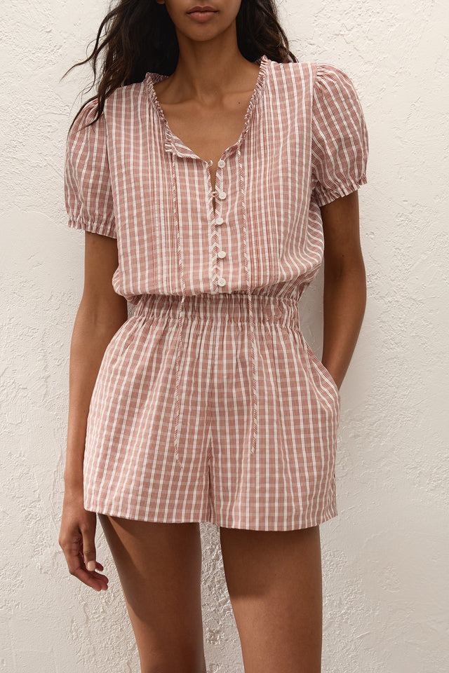 Emilie Playsuit Paloma Check Cinnamon White