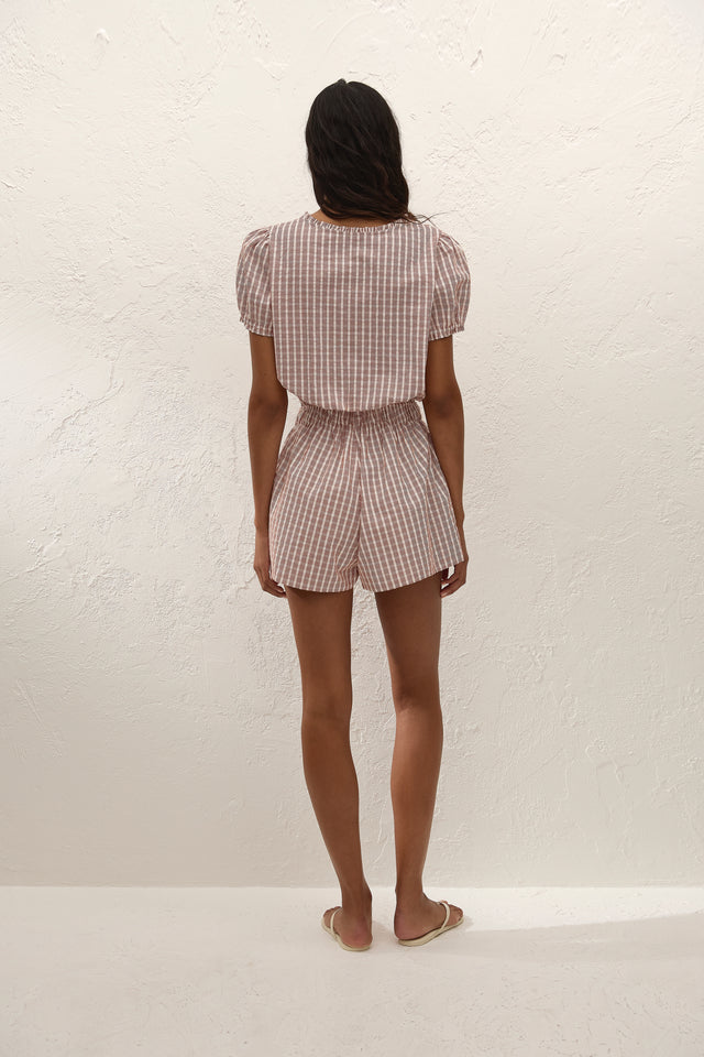 Emilie Playsuit Paloma Check Cinnamon White