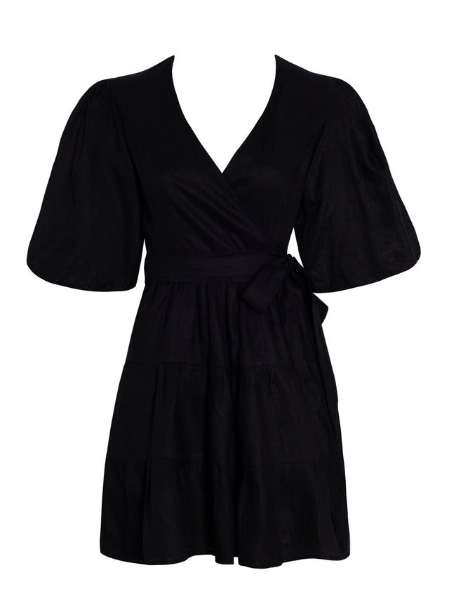 Rooney Wrap Mini Dress Plain Black - Final Sale VACANCES Mini Dress