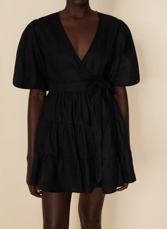Rooney Wrap Mini Dress Plain Black - Final Sale VACANCES Mini Dress