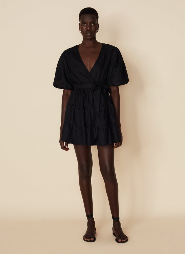 Rooney Wrap Mini Dress Plain Black - Final Sale VACANCES Mini Dress